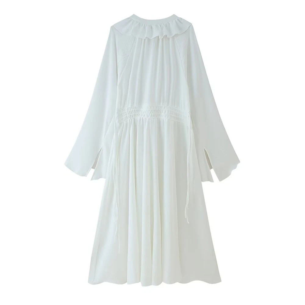 فستان حمل أبيض بوهو بأكمام طويلة ورقبة على شكل حرف V للتصوير الفوتوغرافي على الشاطئ، دعامة أمومة أنيقة #2