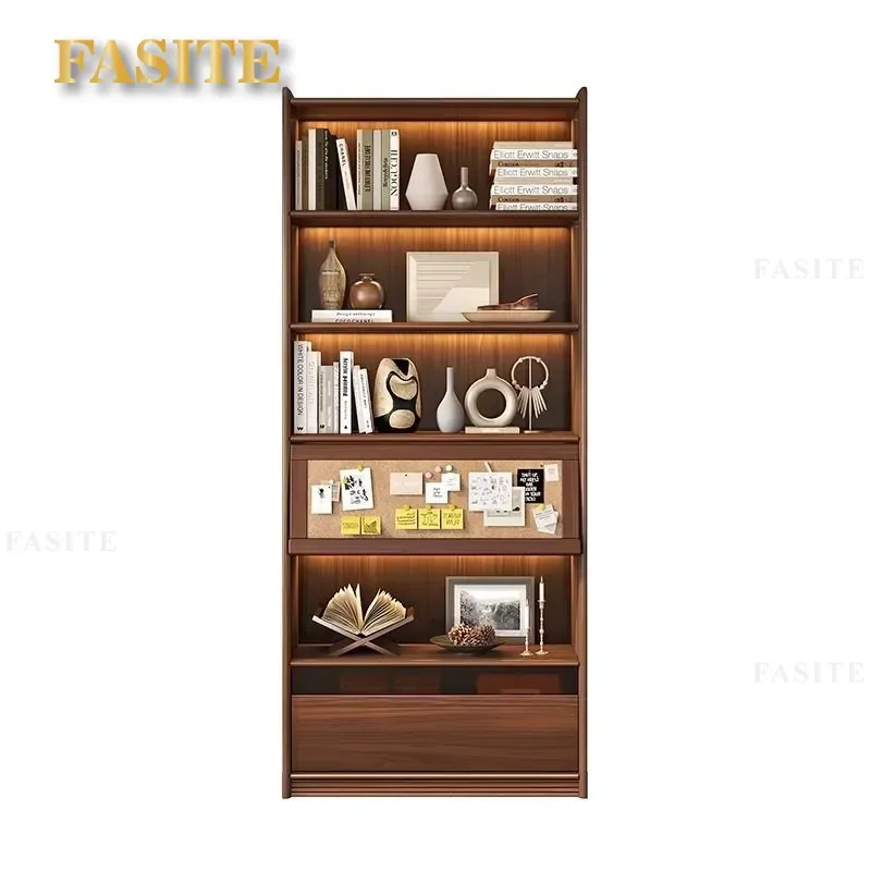 For New Chinese Style Solid Wood Bookcase Black Walnut Wall Mounted Locker Bookshelf with Glass Display Cabinet Home Living