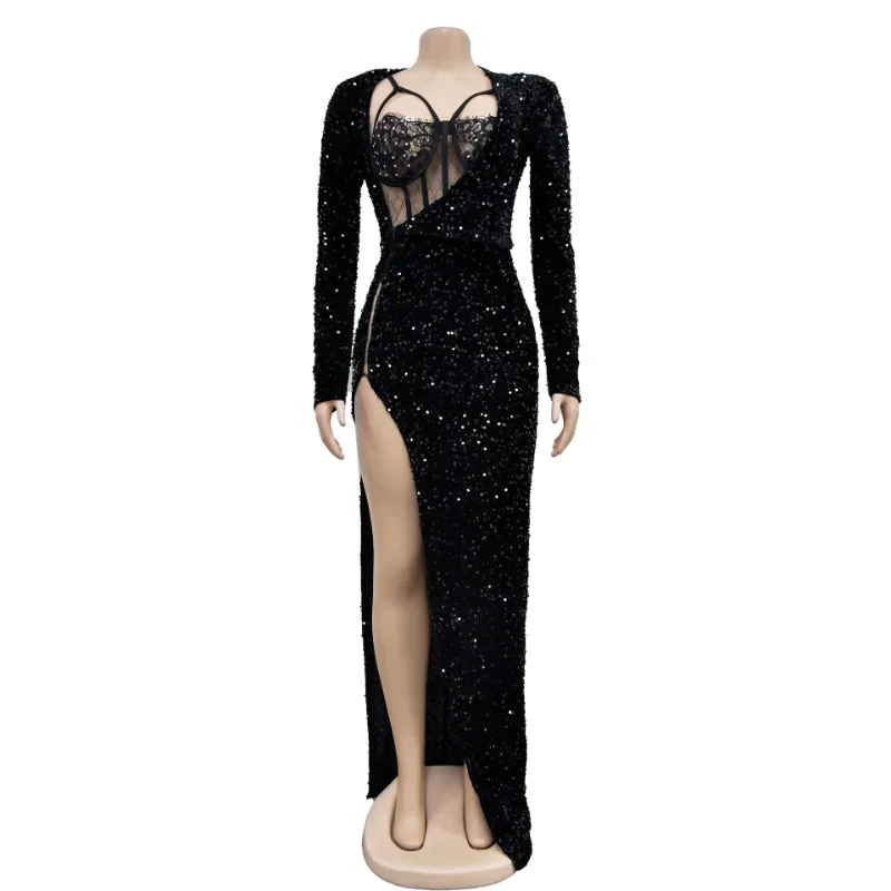 Sheer Mesh Patchwork Sequins Maxi Dress Women Sexy Long Sleeve Irregular Vestidos Luxury Side Split Evening Dresses Clubwear