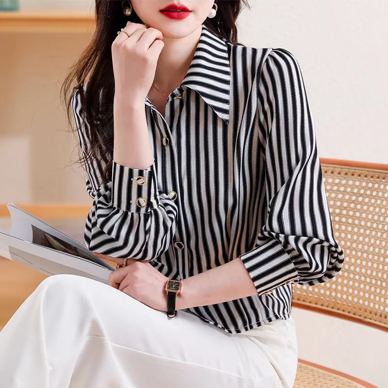 2024 New Summer Simplicity Elegant Fashion Retro Loose Korean Style Women\'s Shirt Chiffon Striped V Neck Long Sleeve Y2K Tops