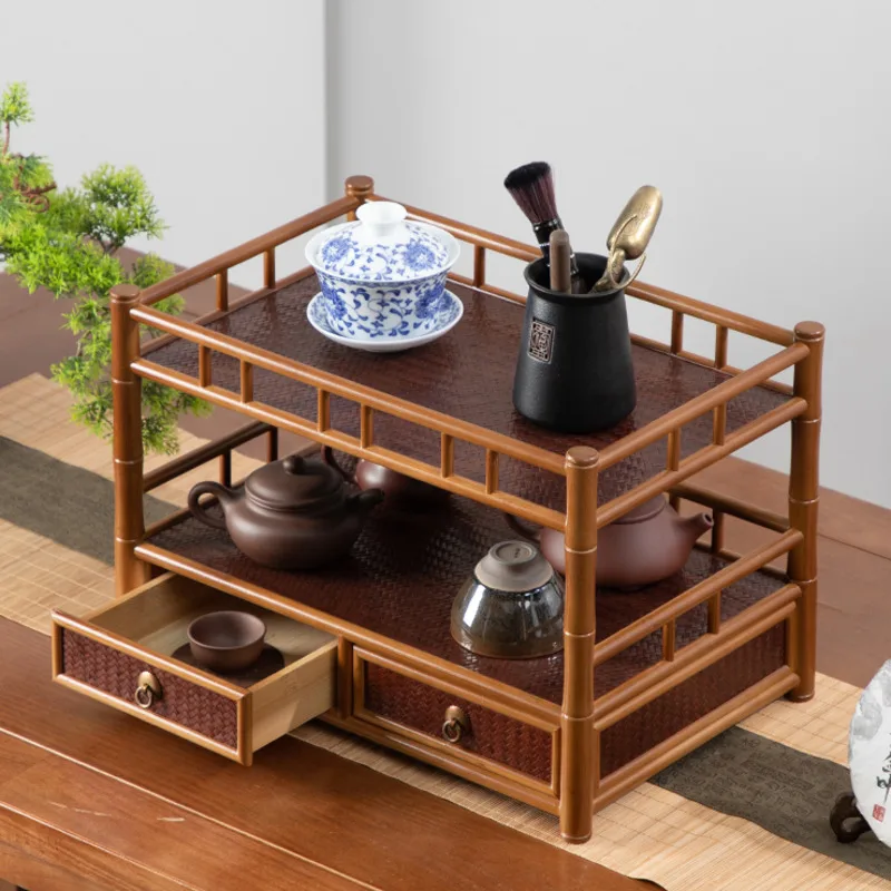 

Antique Bamboo Storage Shelves New Chinese Style Tea Set Organizer Table-Top Double Drawer Living Room Shelf