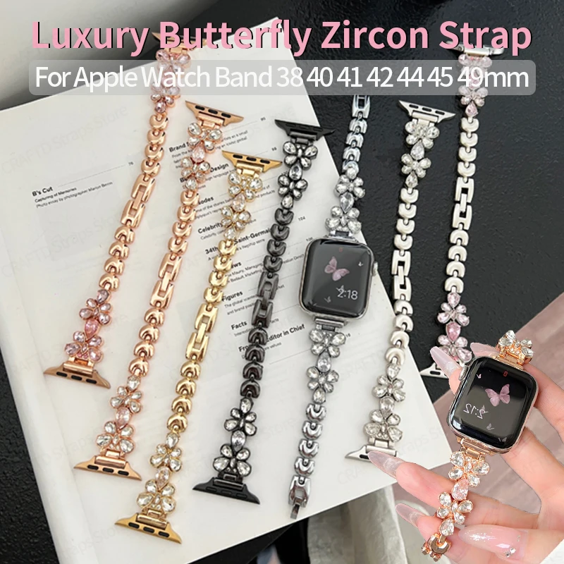 Butterfly Zircon Strap for Apple Watch Band Ultra 2 49mm 40mm 44mm 45mm 41 38 Women Diamond Bracelet for IWatch 9 8 7 SE 6 5 4 3