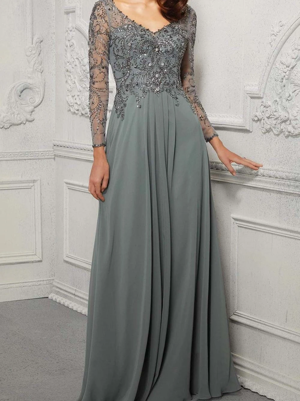 Modest Long Sleeve Mother Of The Bride Dress For Wedding Sparkly Sequins Beads Prom Dress Elegant Chiffon Long Evening Gown