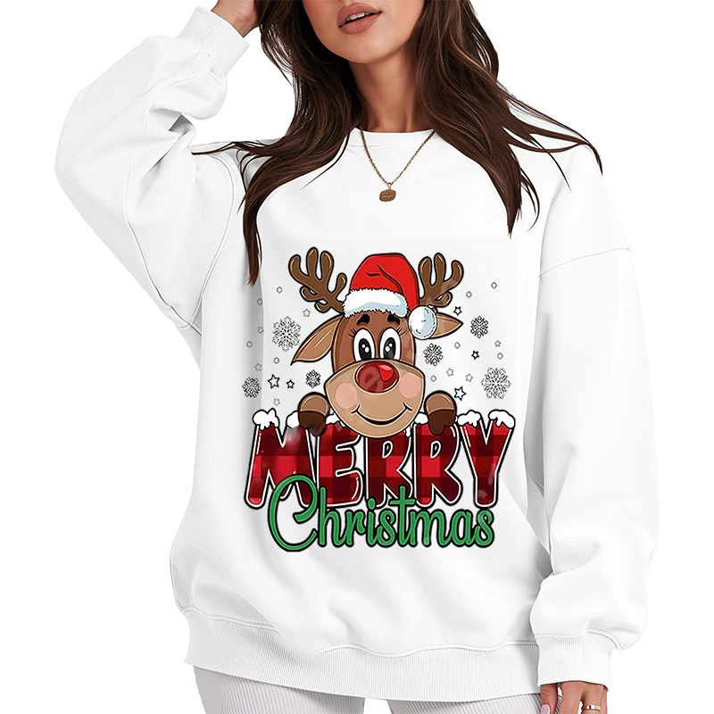 Damen-Kapuzenpullover, festliches Weihnachts-Sweatshirt mit Rentier- und Karomuster, lässig, locker, langärmelig, Rundhals-Sweatshirt für den Winter