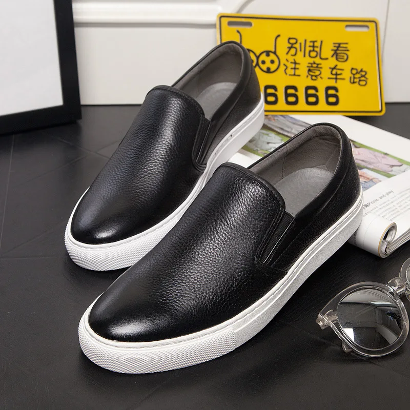 New High End Men Genuine Leather Casual Shoes Fashion Concise Cool Slip-on Loafers Man Flat Leather Skate Shoes Male