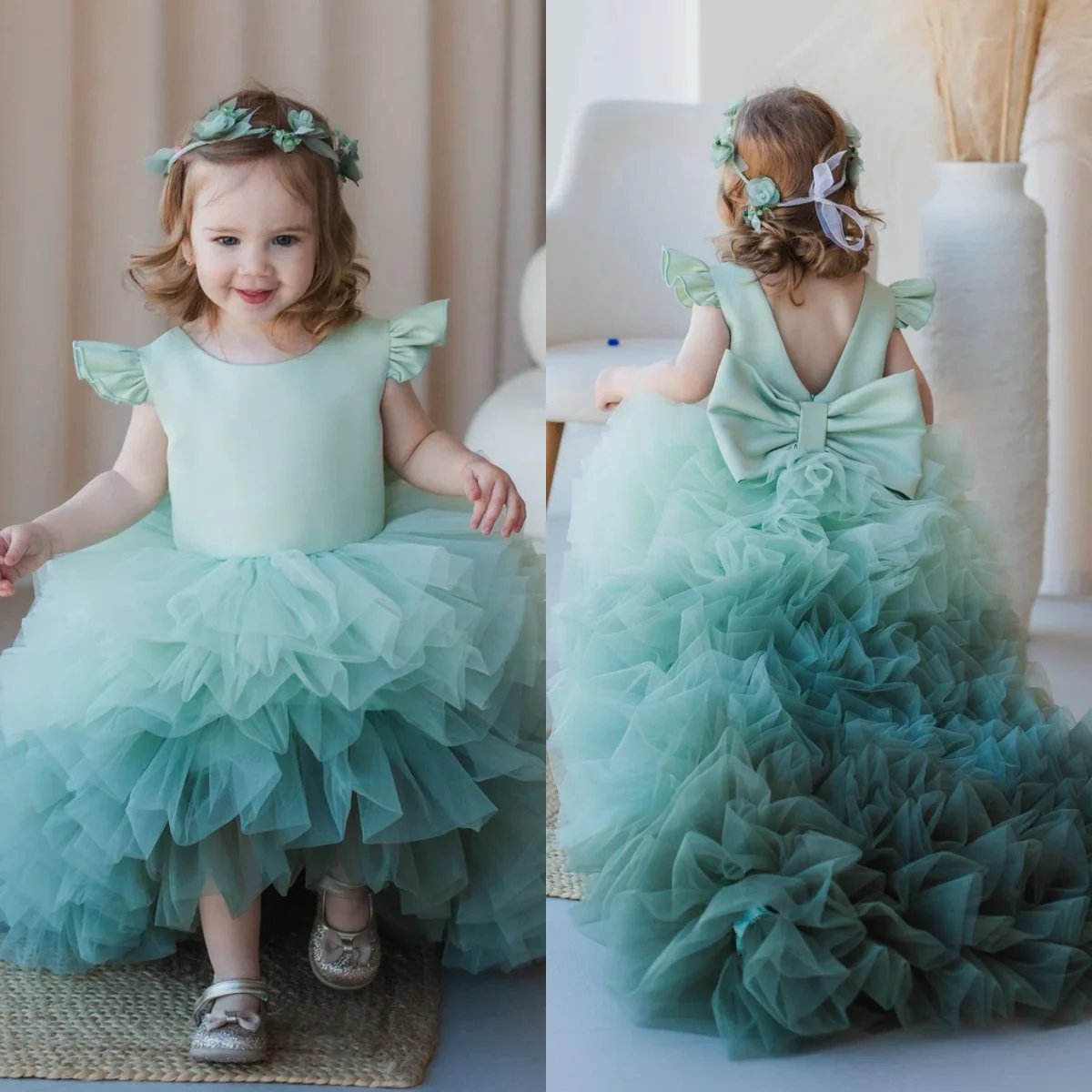 Sage Green Flower Girl Dresses For Wedding Litter Girls Birthday Party Gowns Baby Children Ruffles Clothes Outfit Gown