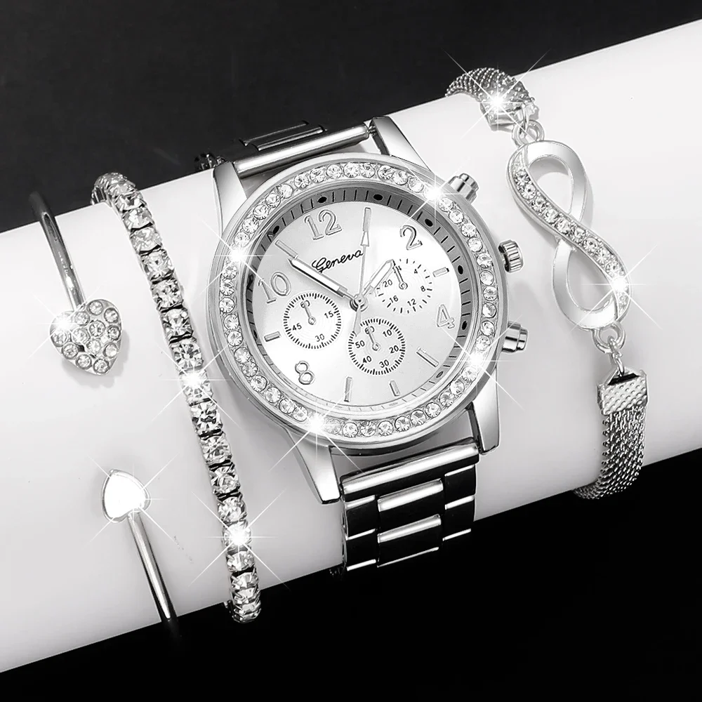 Women 4Pcs Geneva Watch Jewelry Set Silver Rhinestone Quartz Wristwatch Heart Bangle Infinity Necklace Ladies Gift