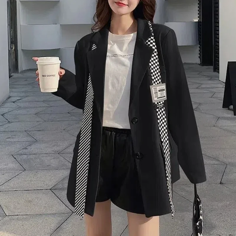 Women Spring Autumn 2024 New Fashion Commute Solid Spliced Character Polo Neck Button Pocket Long Sleeve Loose Casual Suit Coat