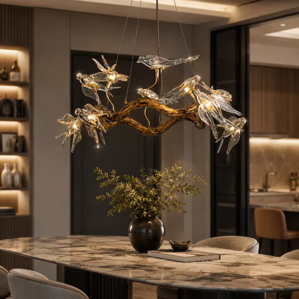 Glass Bird Crystal Branch Ceiling Chandelier