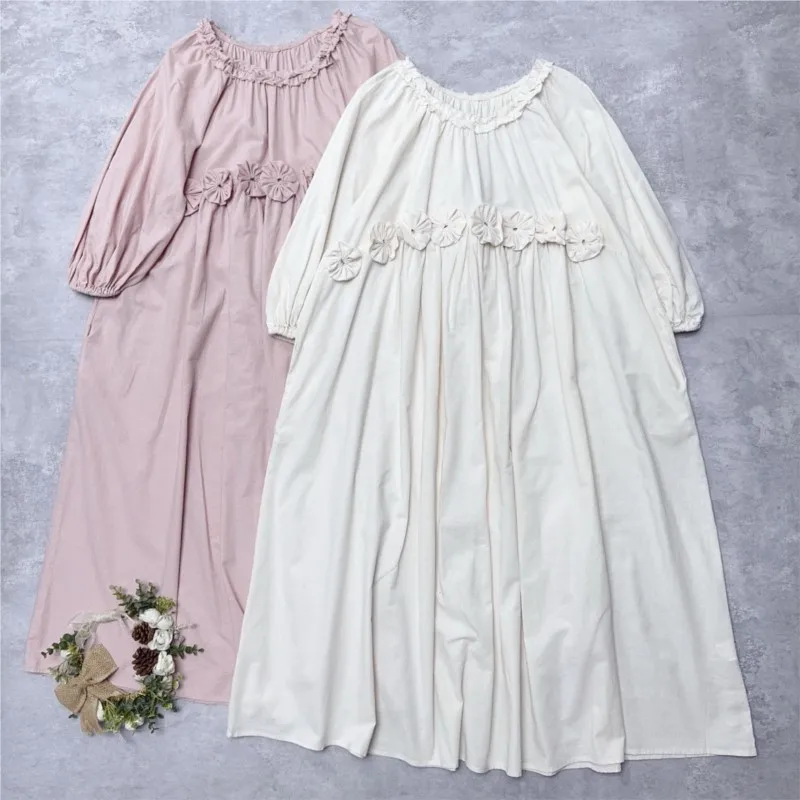 

Johnature Cotton Linen Handmade Floral Dress With Ruffled Edges Spring New Lantern Sleeves Vintage Women Dresses