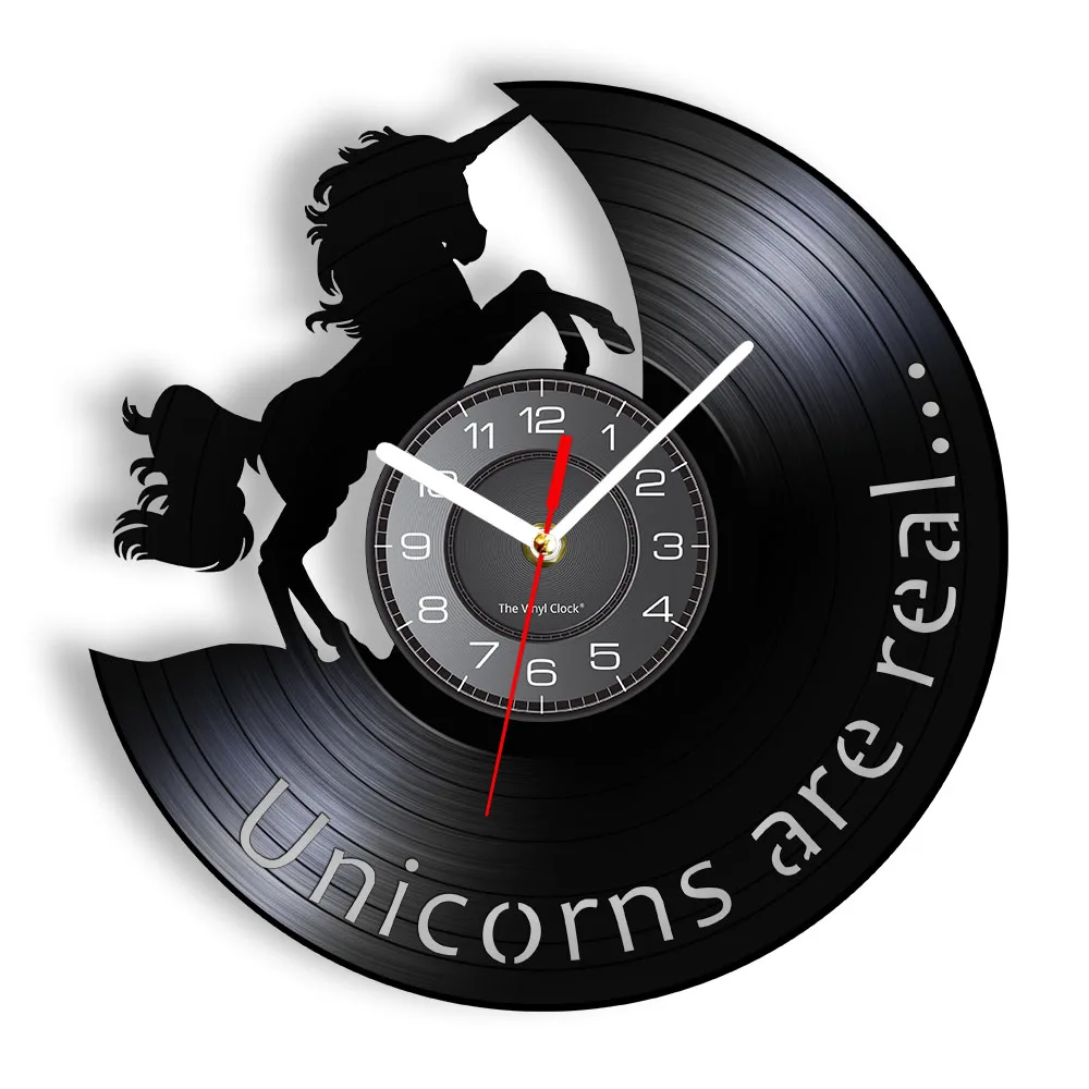 Unicorns Are Real Wall Clock Magical Fly Horse Modern Design Home Decor Vintage Vinyl Record Clock Wall Watch Silent Mechanism