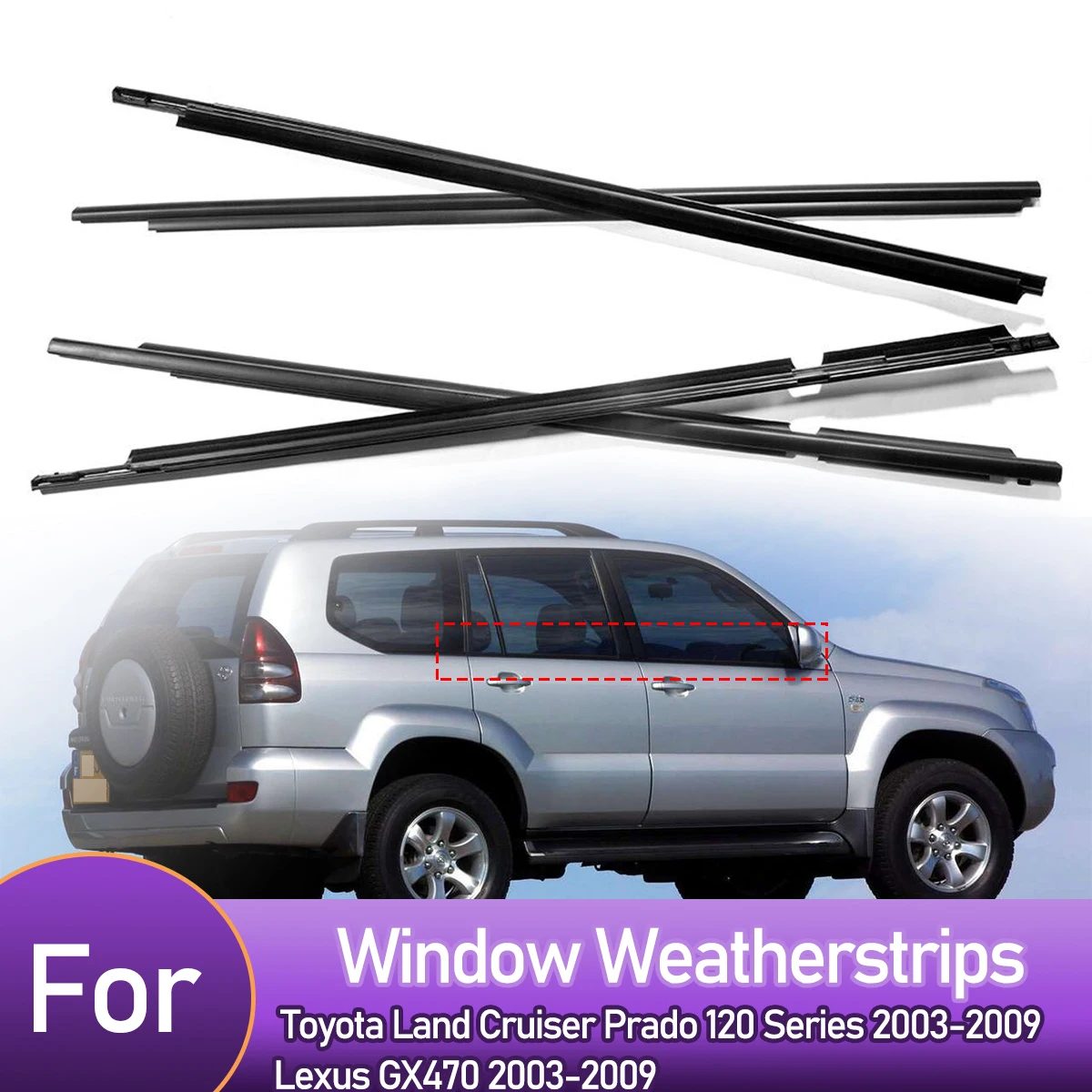 4PCS Car Outer Windows Rubber Weatherstrip For Toyota Land Cruiser Prado 120 Series 2003-2009 Lexus GX470 2003-2009 Seal Strip