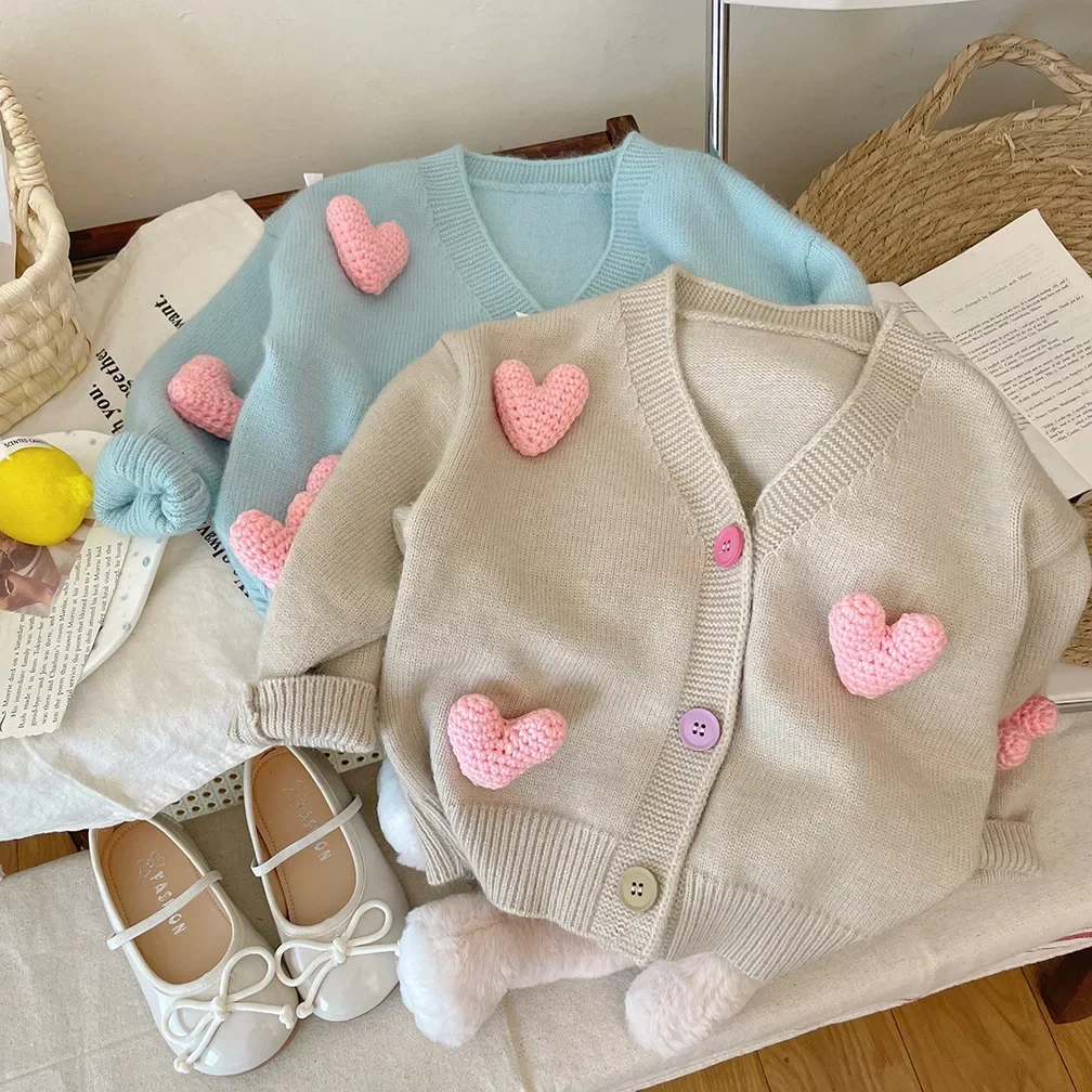 Girls Sweaters Coat Three-Dimensional Love Knitted Cardigan Jacket Autumn Winter Baby Girl Clothes Korean Kids Clothing 2-8Y