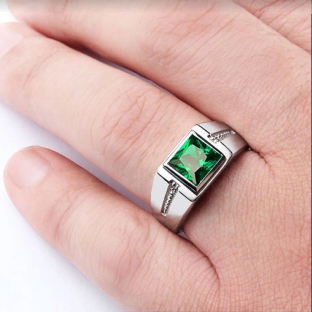 Stainless Steel Semi-Precious Stone Hand Jewelry Simple Red Green Square Zircon Rings For Men And Women In Multiple Colors