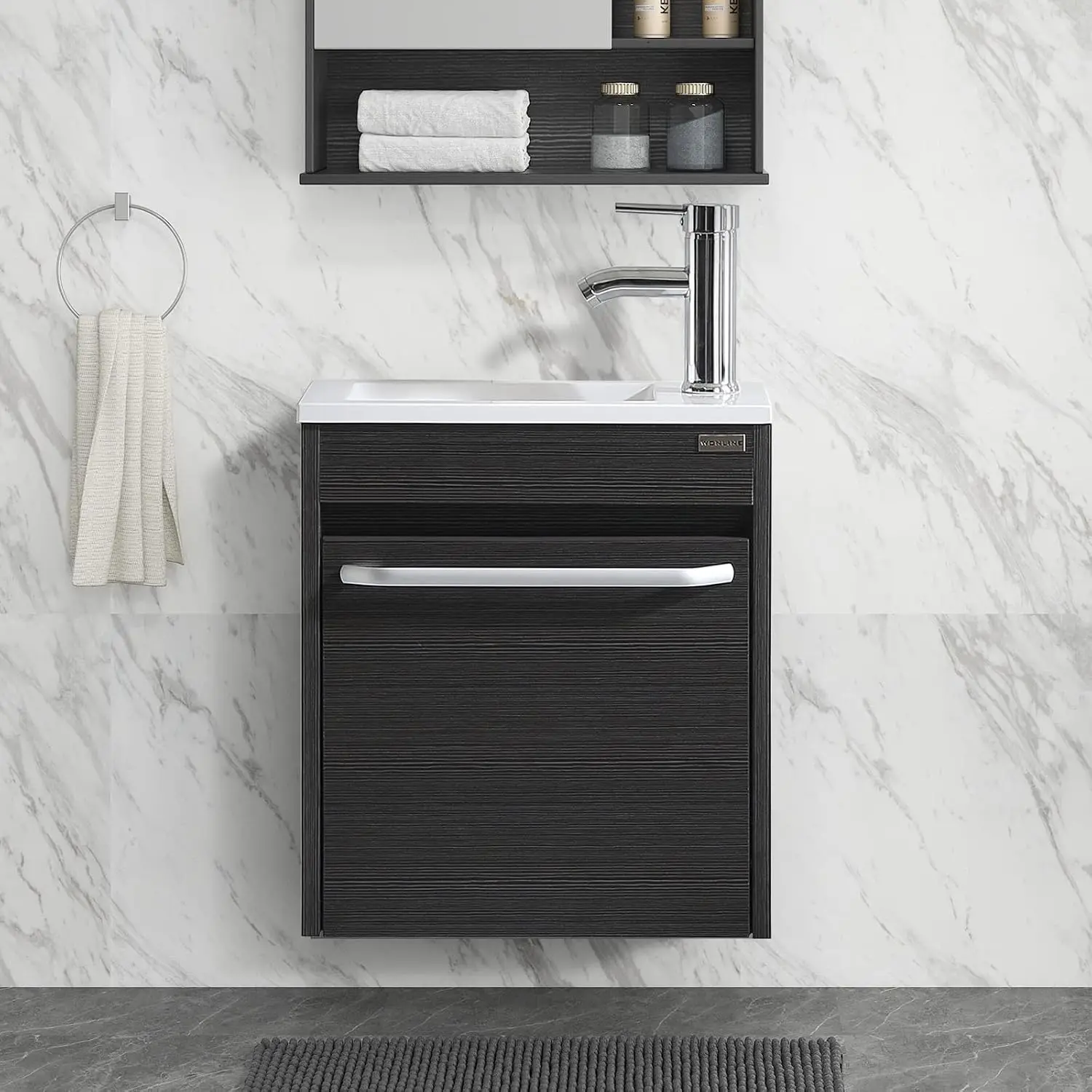 Black Wall Mounted Bathroom Vanity Sink Combo Small Space Cabinet White Resin Basin Chrome Faucet 16