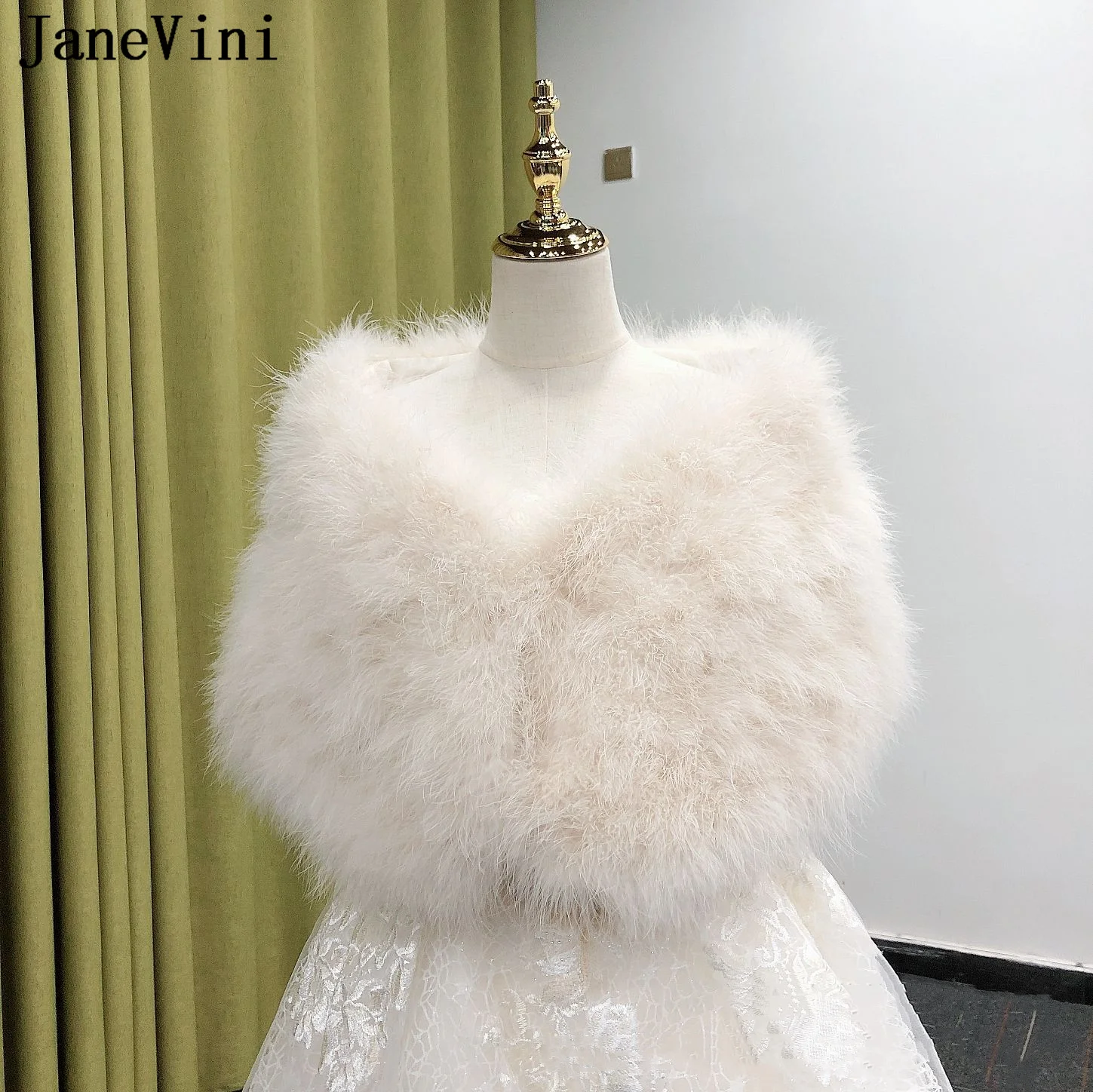 JaneVini Peacock Blue Ostrich Feathers Bridal Shawl Faux Fur Cape Women Ivory Bolero Winter Bride Wraps Stoles Dress Shawl Etole