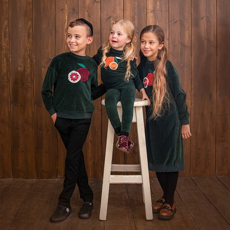 

New fall family clothes fruit embroidery kids green velour girls dress boy casual top baby 2pcs set autumn winter long sleeves