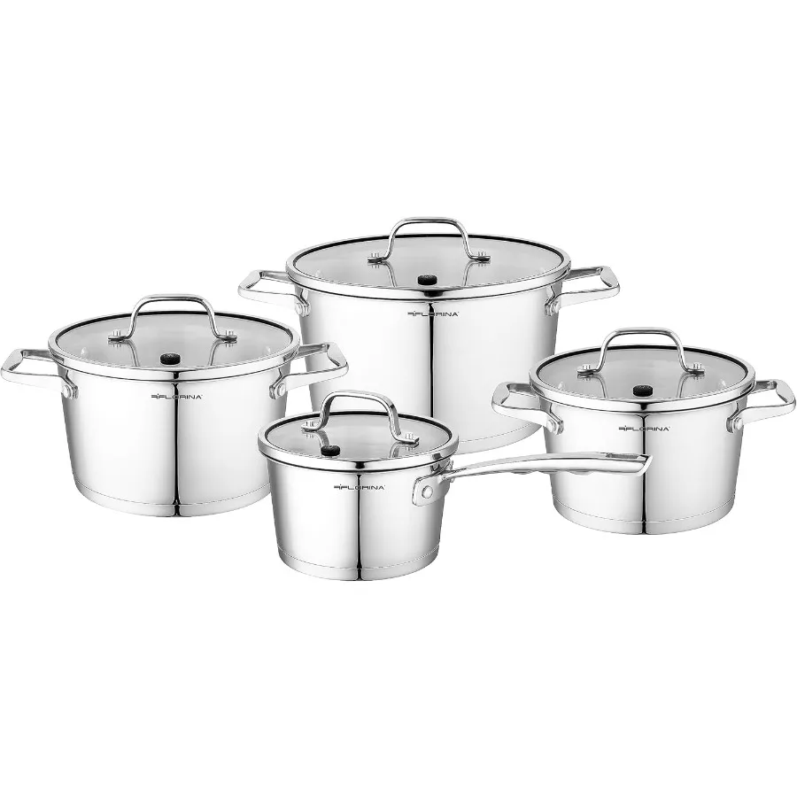 

Professional Stainless Steel Cooking Pot Set with 8 Pieces Including 4 Saucepans and 4 Glass Lids Ideal for Induction Cooktops
