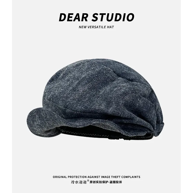 

Retro Washed Denim Pleated Cloud Berets for Women Spring Autumn Travel Casual Versatile Show Face Small Literary Octagonal Hat