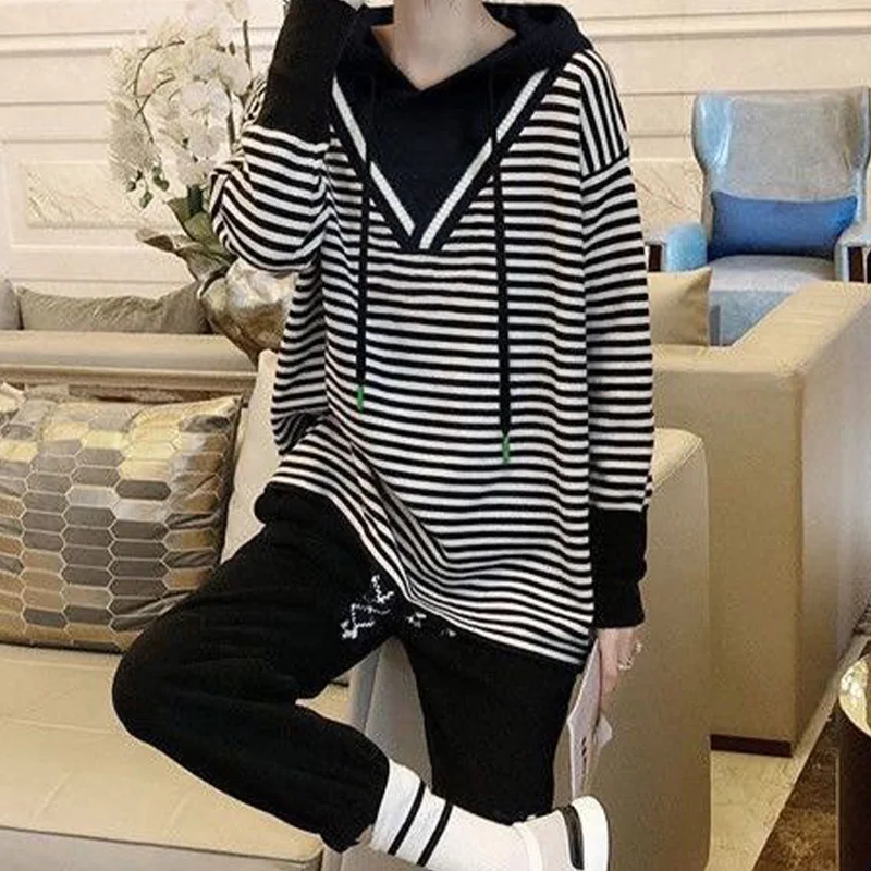 Unique Splicing Stripes Long Sleeved Women\'s Hoodie Spring Autumn Korean Version Casual Versatile Patchwork Trendy Top for Women