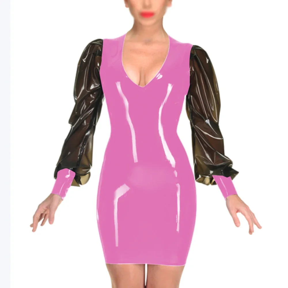 Minivestido Sexy de manga larga abombada para mujer, vestido ajustado de cuero de PVC con aspecto húmedo para club nocturno, vestido de fiesta con cuello en V para amante