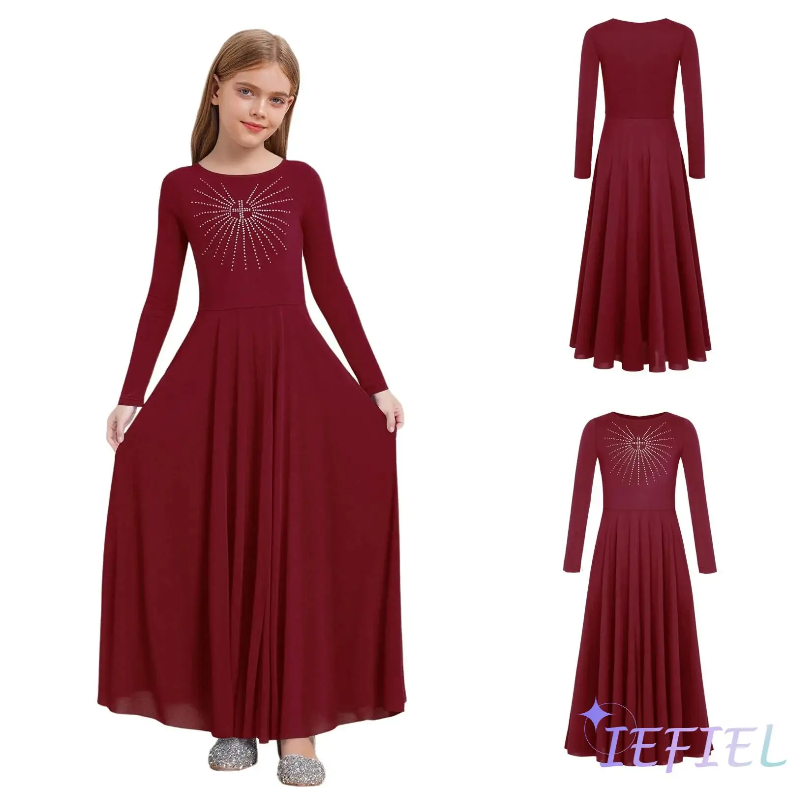 

Sparkling Praise Worship Dress for Kids Girls Glittery Round Neck Gown with Flowing Skirt for Stage Lyrical Modern Dancewear