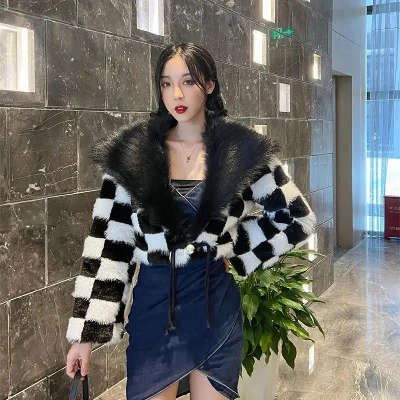 

Women Rainbow Color Lapel Faux Mink Fur Coat Pearls Buckle Autumn Winter Navy Collar High Waist Imitation Fox Fur Cardigan Tops