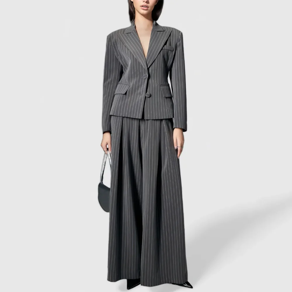 Light Gray Striped Women Suit Chic Single-breasted Wide Peaked Lapel 2Pieces(Jacket+Pants) Business Office Lady Casual Set