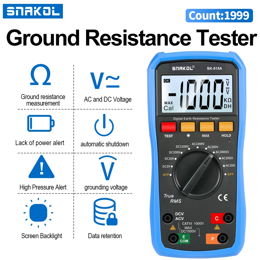 SK-515A Ground Resistance Meter Insulation Resistance Tester 1000V 0-2000M Ohm Digital Megohmmeter Voltage Measuring Instruments