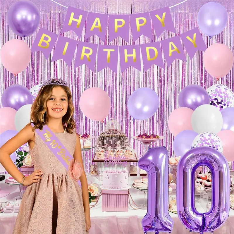 A27F-Purple-Pink 10Th Birthday Decorations For Girls, Party Supplies- Double Digits Decor Set For A 10-Year-Old Celebration