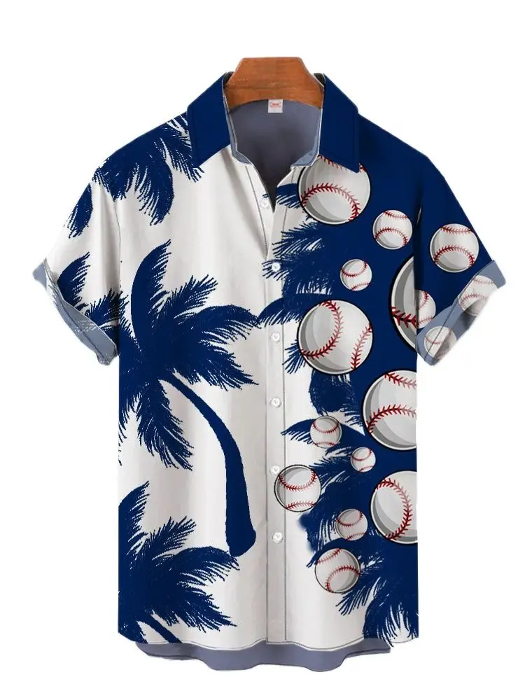 Camisas hawaianas con estampado de atardecer de árbol de Coco para hombre, camisa con patrón de dibujos animados de playa, vacaciones, ropa informal de verano, manga corta