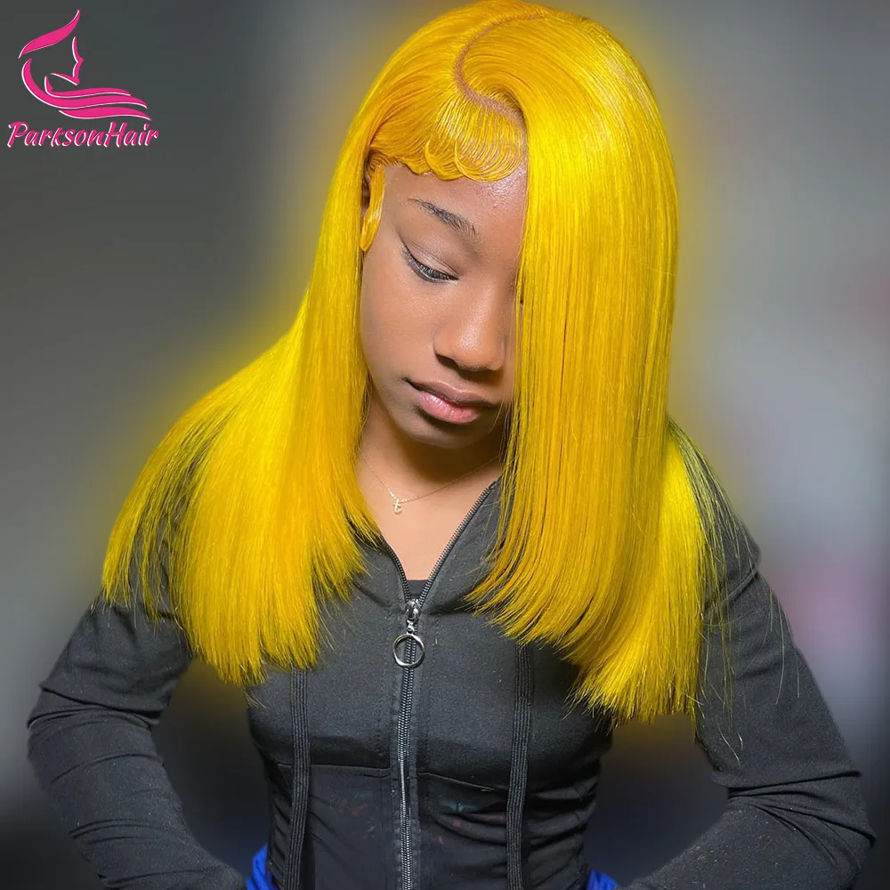 Peluca con malla Frontal recta de Color amarillo 13x4 HD, pelucas de cabello humano brasileño de color azul para mujeres, pelucas frontales de encaje prearrancado Remy