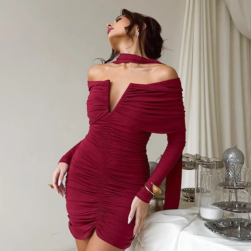 فساتين سهرة باللون الأحمر الداكن للنساء بأكمام طويلة لحفلات الزفاف فستان أنيق بطيات فستان حفلات مكشوف الكتفين لحفلات الكوكتيل #1