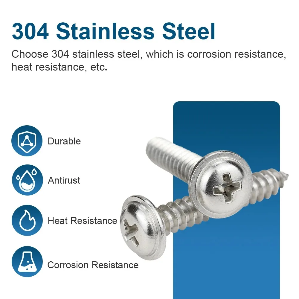 HOWSHENG Cross Round Head Screws 304 Stainless Steel Phillips Pan Head with Washer Tapping Screws M1.4 M1.7 M2 M3 M4 M5 M6