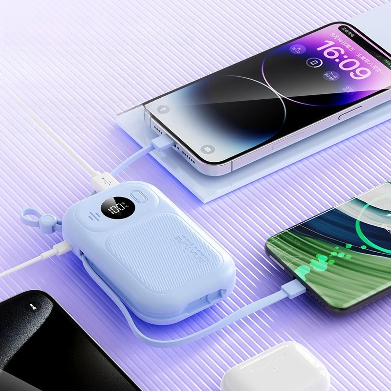 Large Capacity Digital Mini 10000mAh Mobile Power Bank with Built-in 22.5W Fast Power Bank Cable