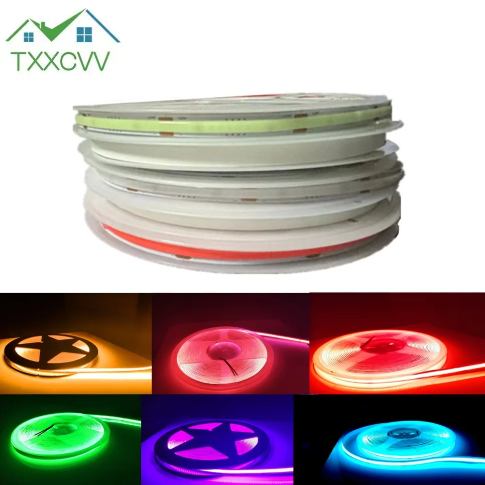 COB lampu Strip LED dekorasi garis kepadatan tinggi 480/320LED/m pita fleksibel hangat alami putih merah biru hijau dekorasi DC12 24V