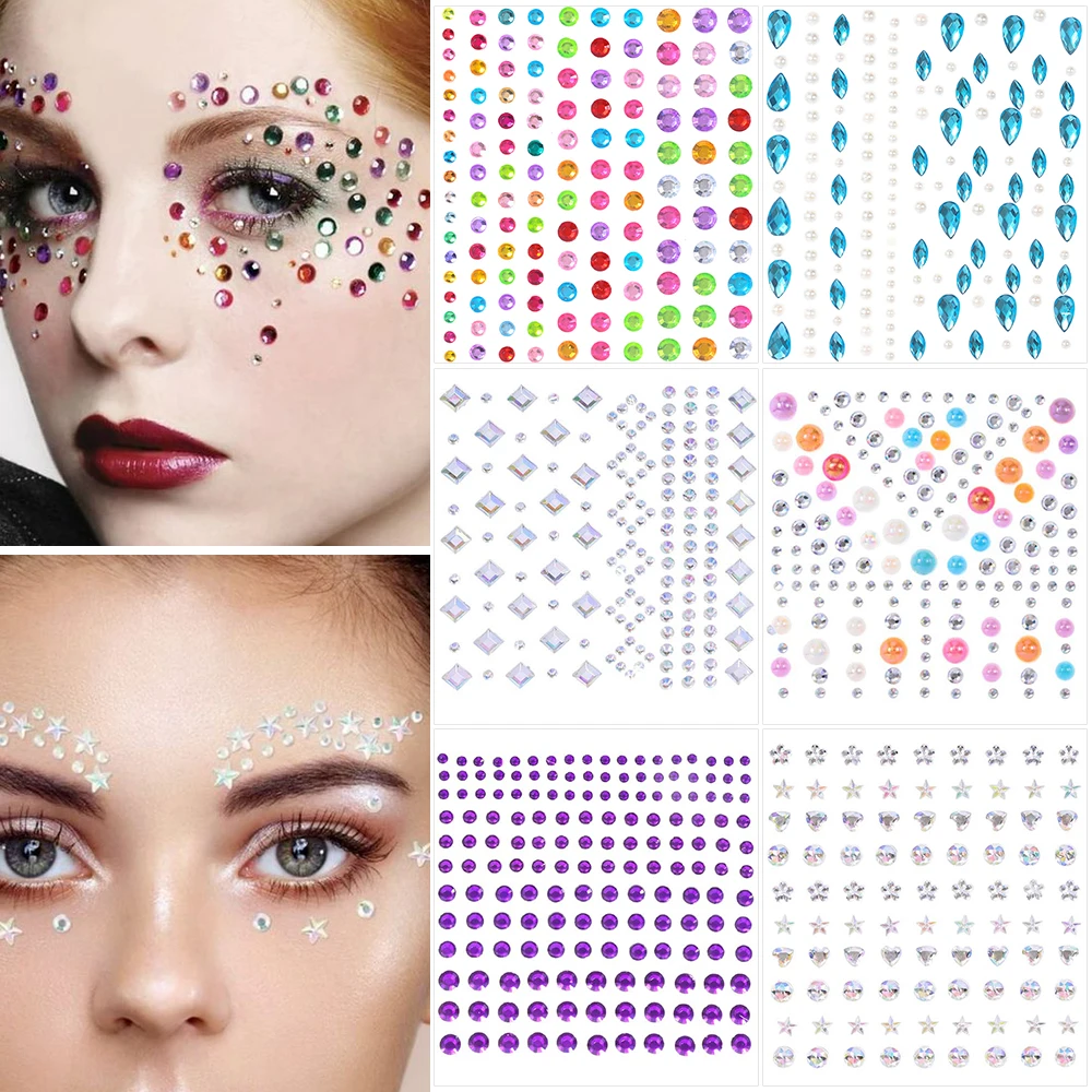 Bling Selbstklebende Gesichts-/Körper-Edelsteine 3D Stern/Mond/Herz/Runde Temporäre Tattoo-Aufkleber AB/Klar/Rot/Blau Gesichtshaar Nagelschmuck – Detail 13