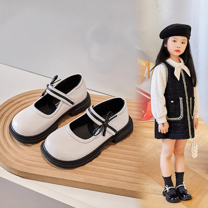 

Girl Leather Shoes 2024 New Fashion Spring Autumn Kids Butterfly Knot Pu Leather Soft Performance Children Baby Students Shoes