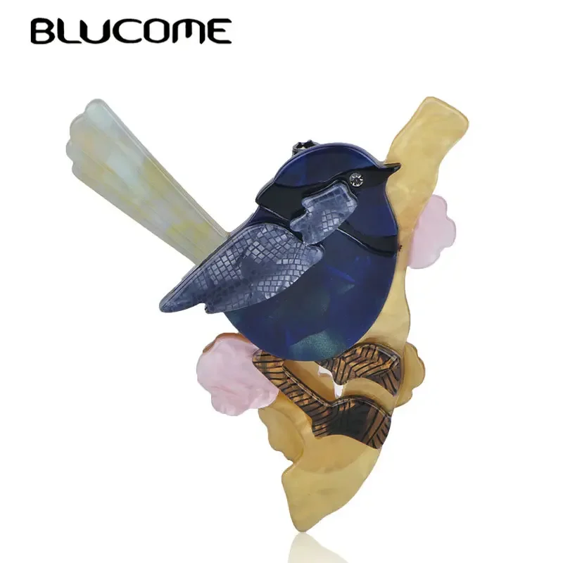 Blucome Vivid Blue Magpie Bird Shape Brooch Colorful Natural Acrylic Corsage Clips Pins Kids Women Suit Scarf Decoration Jewelry