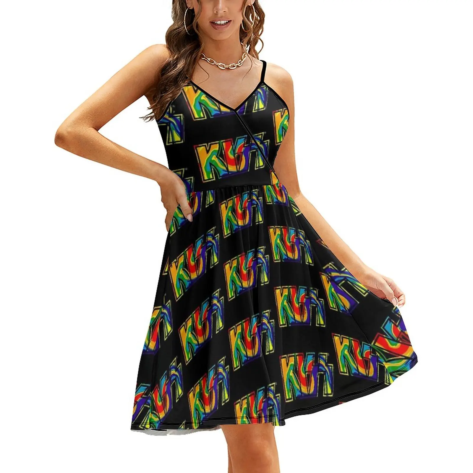 Kiss Band Dress Woman Rainbow Tie-Dye Street Style Graphic Dresses Summer Spaghetti Straps Elegant Casual Dress Gift Idea