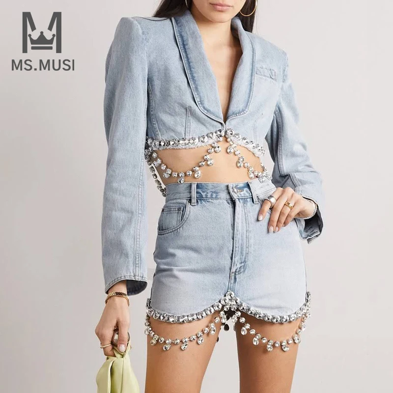 

MSMUSI 2023 New Fashion Women Sexy Denim Crystal Chain Tassels Two Piece Set Bodycon Party Long Sleeve Top Mini Skirt Set Suit