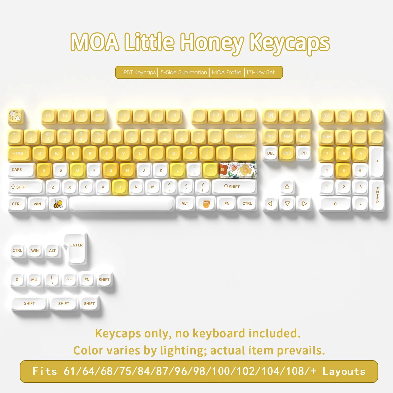 

Milk Honey Yellow Cute Bee Keycaps Mechanical Keyboard MOA Key Caps PBT Keycaps for 68 75 87 95 108 Keyboard