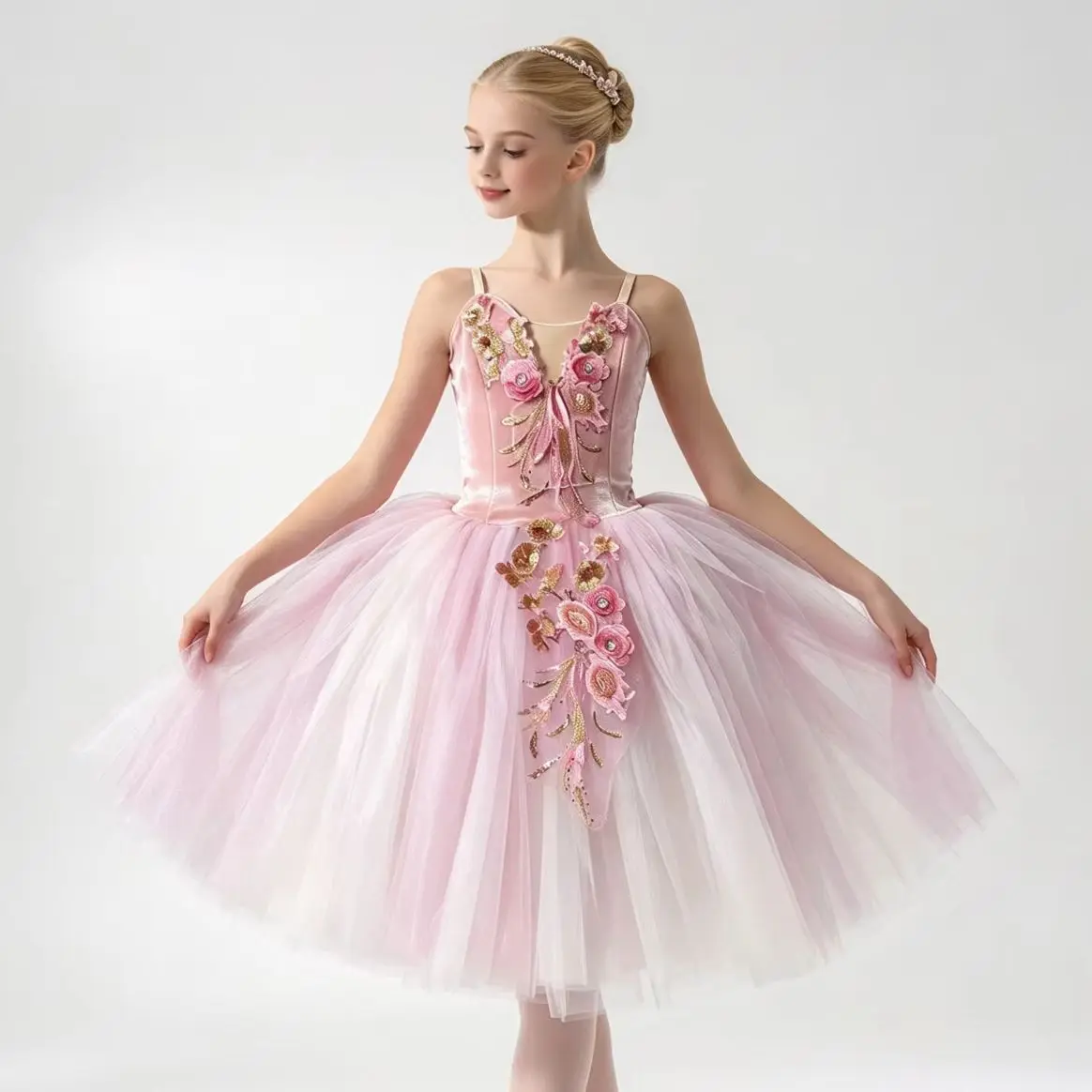 Pink Floral Ballet Tutu Dress Girls Ballerina Costume 3D Flower Embroidery Tulle Skirt Kid Dancewear For Stage Competition Party