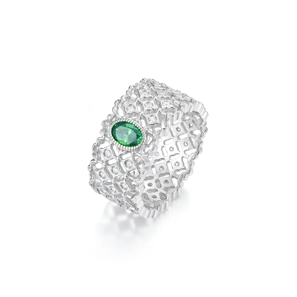 Real 925 Sterling Silver 0.5CT Oval Green Moissanite Hollow Lace Finger Ring For Women Retro Fine Jewelry Gift