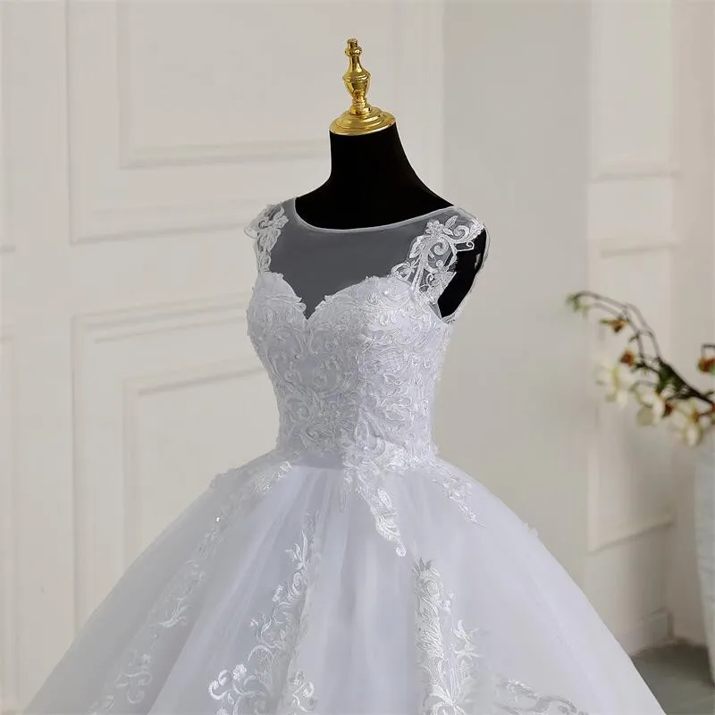 Luxus Spitze Brautkleider elegante ärmellose Vestido de Noiva formale Braut Ballkleid echtes Foto plus Größe neue reinweiß