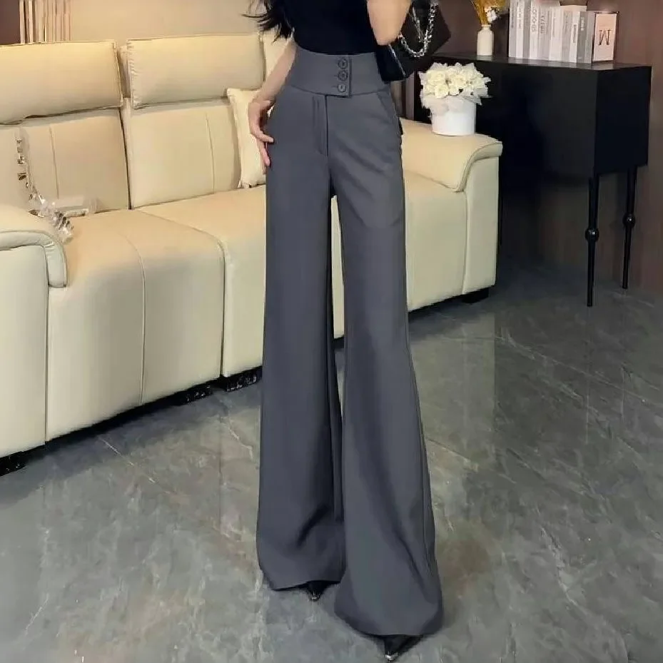 Black High Waist Wide Leg Suit Pants Women's Casual Trousers Draping Non-Matching Leggings Commute Style Polyester Fiber