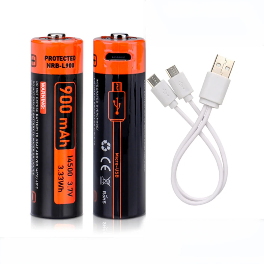 2pcs/lot New 3.7V 900mAh 14500 rechargeable lithium battery USB rechargeable flashlight dedicated AA lithium battery