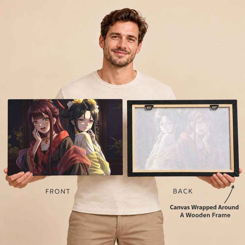Two Anime Girls In Traditional Attire Gallery Wrapped Canvas Print Customized Photo Character Illustration Wall Art For Bedroom