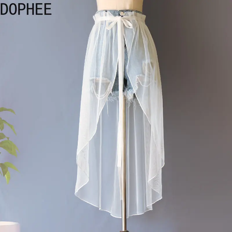 Original Irregular Sunscreen Long Skirt High Waist Lace-up Perspective Jeans Cover Skirt All-match Elegant Mesh Fairy Skirts