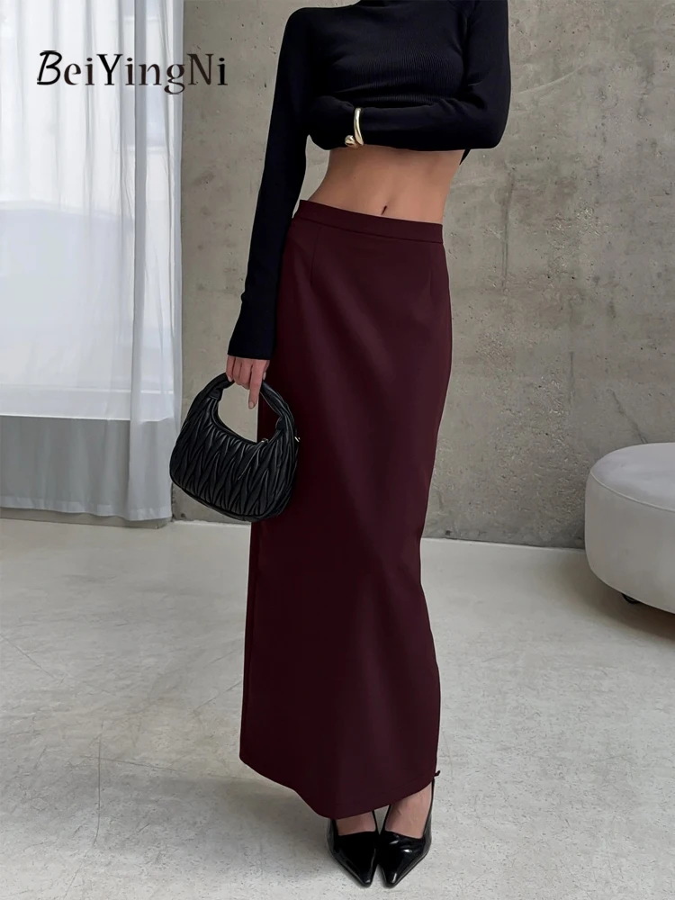 Beiyingni High Street Elegante Dünne Maxi Rock Frauen Einfarbig Casual Französisch Pendeln Braun Büro Damen Lange Röcke Faldas